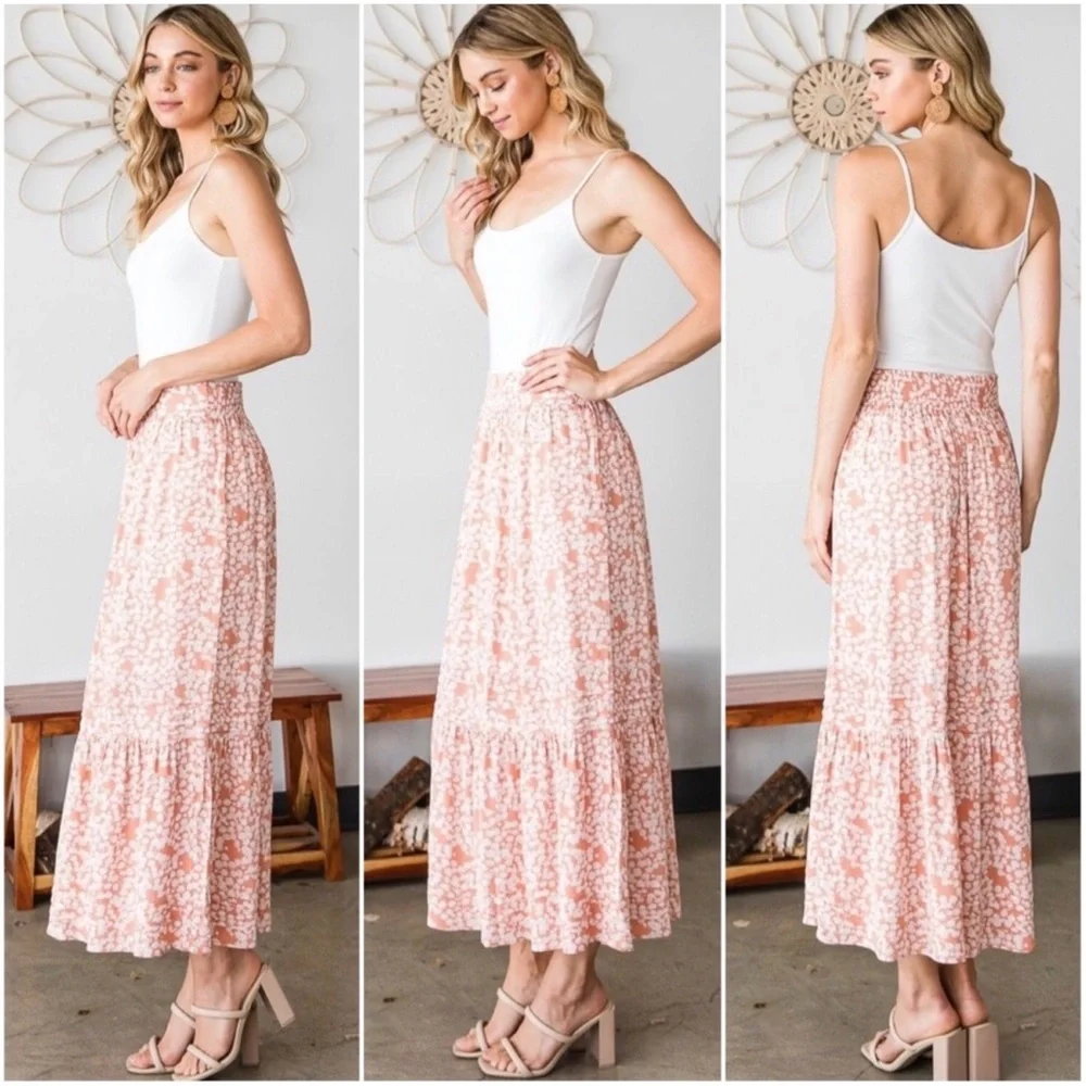1 LEFT! Peach White First Floral Lined Stretchy Waist Spring Summer Maxi Skirt - Picture 3 of 4